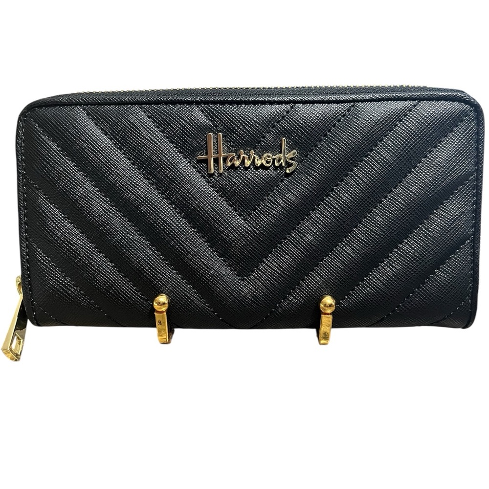 Harrods Black Chevron Wallet with Gold Accents